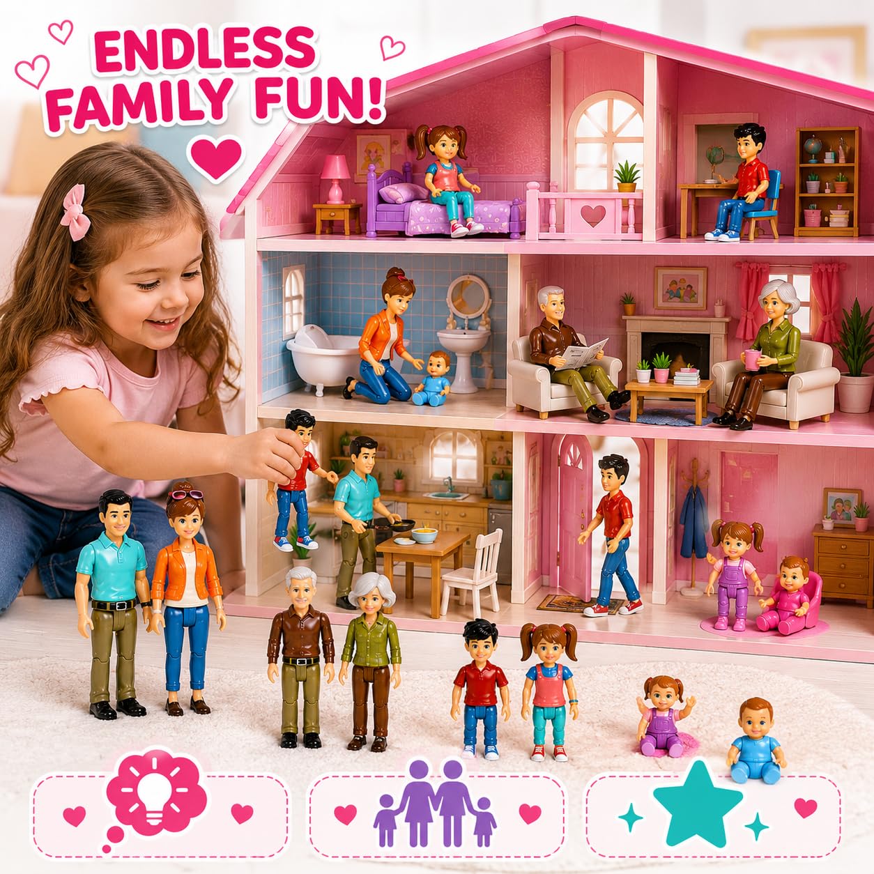 Beverly Hills Sweet Li’l Family Bendable Mini Dollhouse Figures | Set of 9 Grandpa, Grandma, Mom, Dad, Sister, Brother, Toddler, Twin Boy & Girl