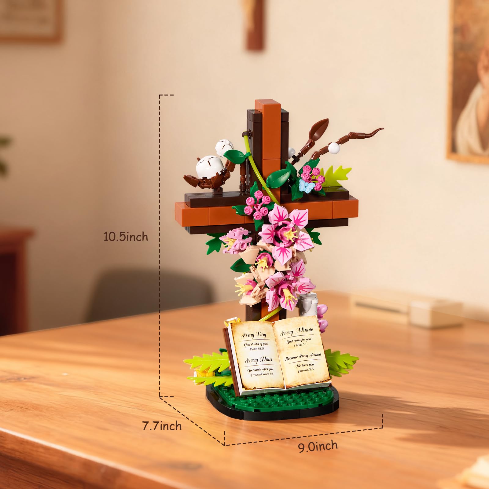 Jesus Cross Flower Building Set, Religious Cross Collectibles Compatible with Lego Botanicals Jesus Pink Catholic Building Toys,Christian Gift