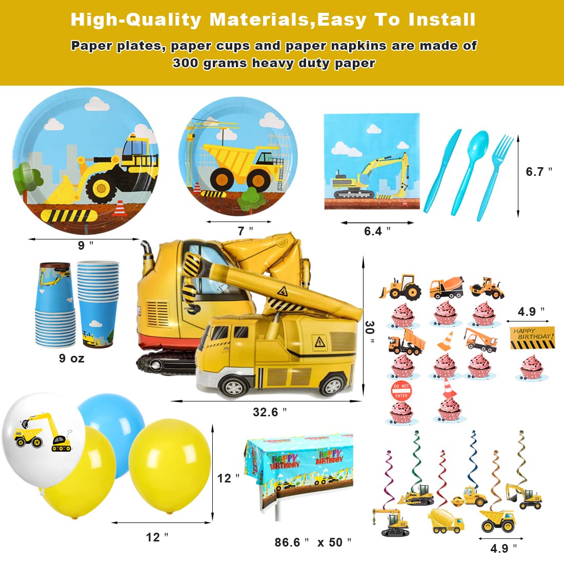 Construction Birthday Party Supplies Set For Boys - 24 Guests - Dump Truck And Tractor Party Decorations, Paper Plates Cups Napkins Straws Balloons