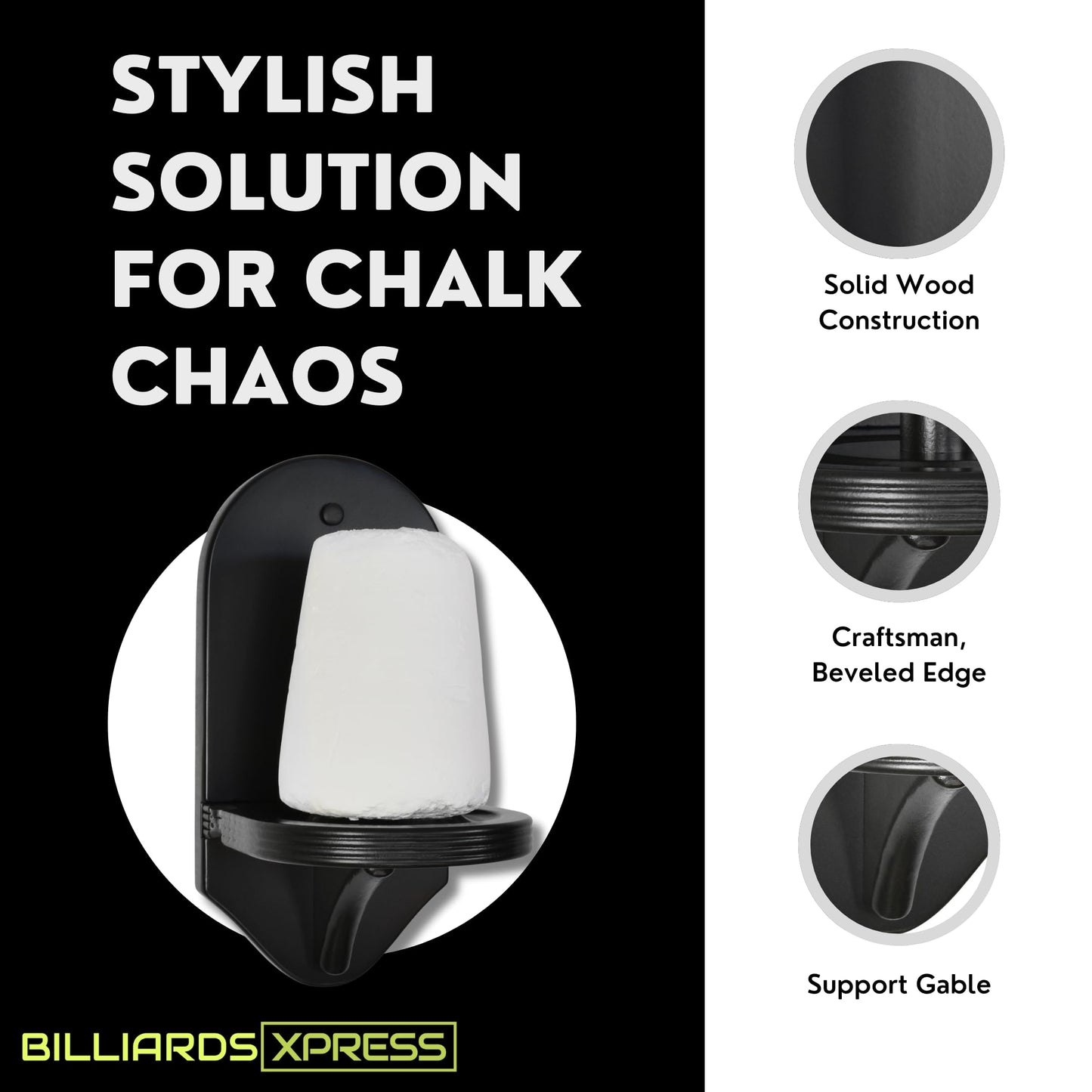 BILLIARDS XPRESS Elegant Wall Mounted Pool Table Chalk Cone Holder - Extra-Sturdy with Beveled Edge and Hardware - Black