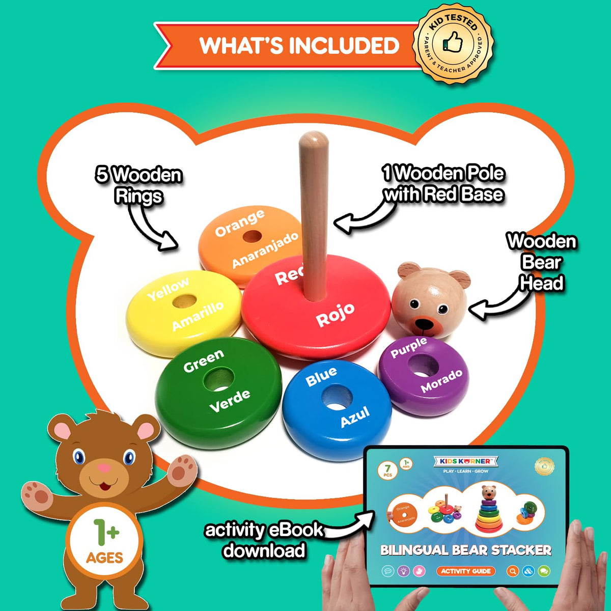 KIDS KORNER Baby Toys Wooden Stacking Rings - Bilingual Educational Toys for 2 Year Old | Learn Rainbow Colors in English & Spanish | Wood Building