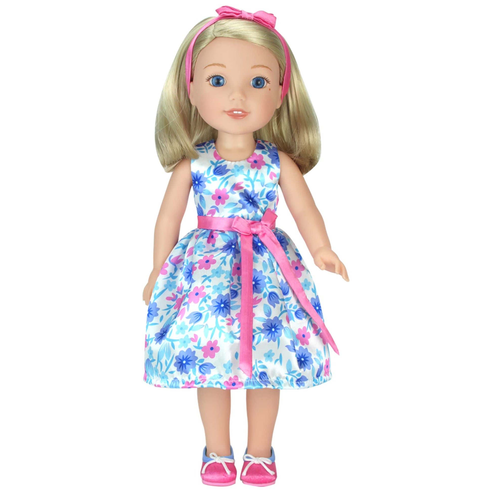 Sophia's 3 Piece Satin Floral Spring Dress, Hairpiece and Shoes for 14.5 Inch Dolls, Pink/Blue