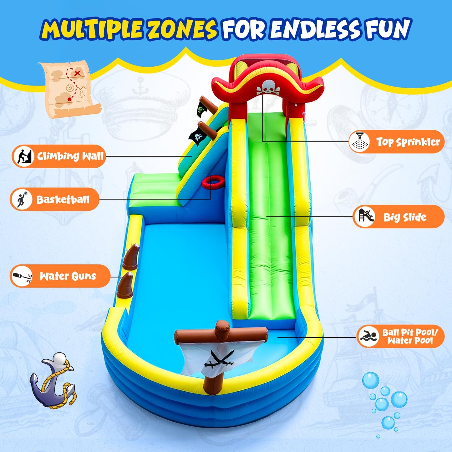 Inflatable Water Slide for Kids, 6 in 1 Inflatable Water Park with Blower, Climbing Wall, Water Gun, Splash Pool, Basketball Hoop, Blow Up Water Slide