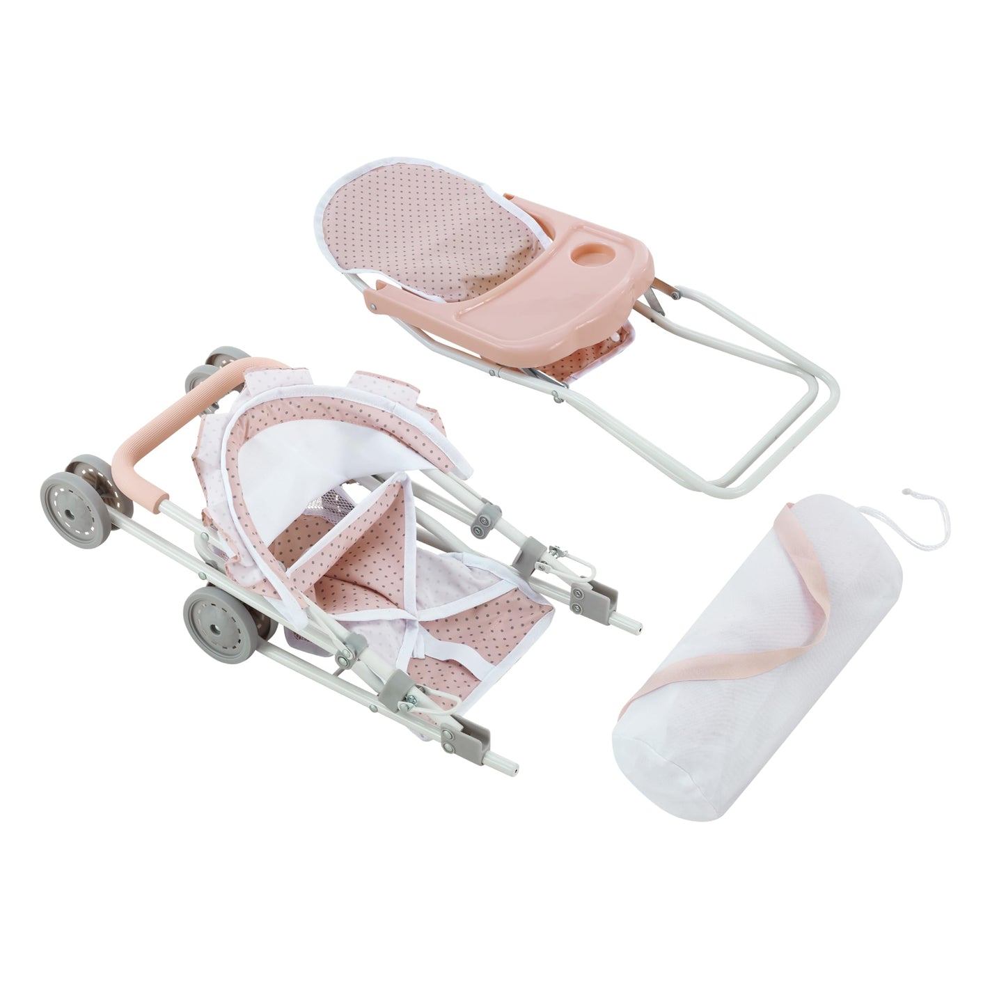 Olivia's Little World Polka Dot Princess Baby Doll 3pc Nursery Set - Crib, High Chair & Stroller, Pink & Gray