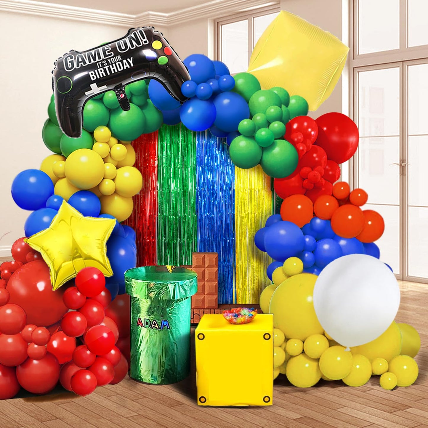 Super Bros Birthday Party Decoration, Including 2Pack Red Green Blue Yellow Foil Fringe Curtains, 1pc Mario Themed Birthday Banner & 22pcs Balloons