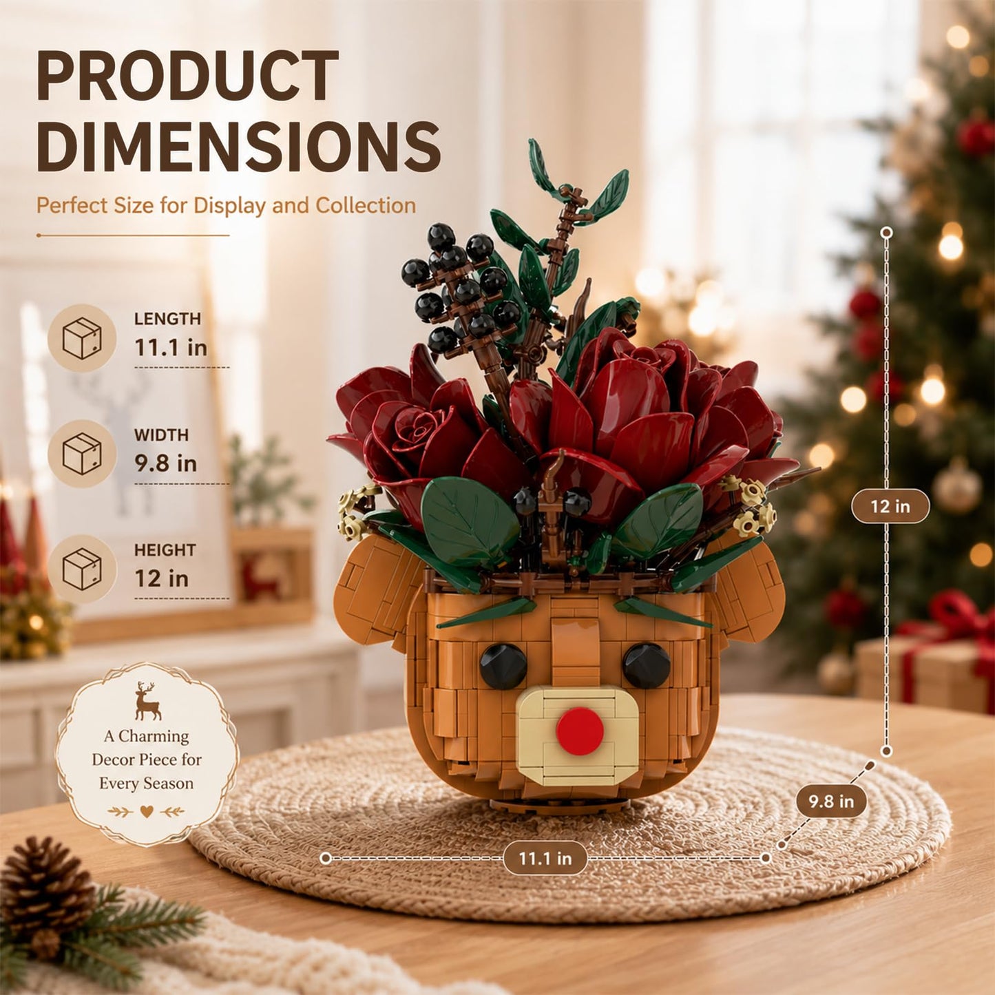 Rose Flower Bouquet Building Set with Bear Pot, Artificial Botanical Building Blocks Kit Compatible with Lego, Home Office Table Decoration, Romantic