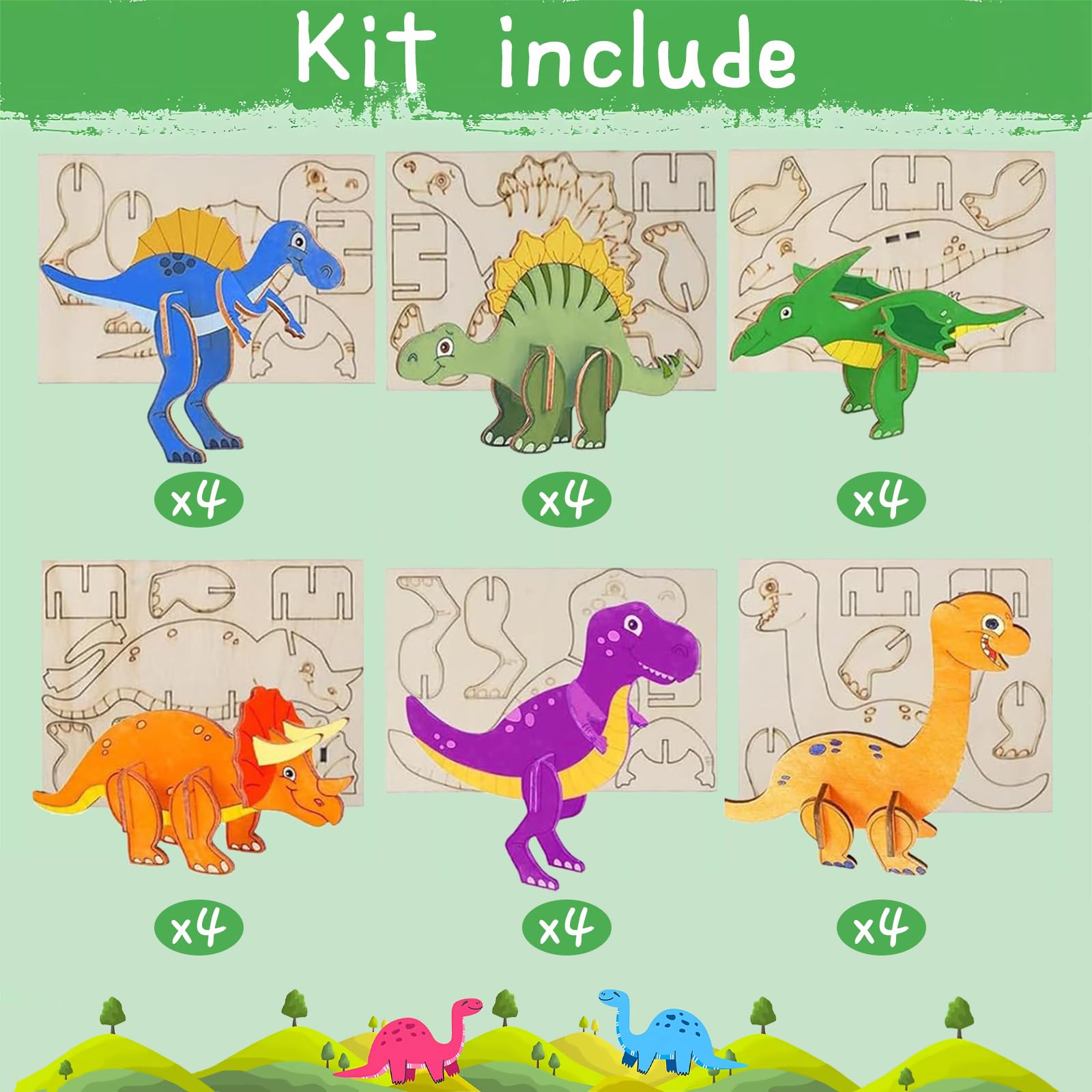 Wood Crafts Dinosaur Cutout Party Decorations Dinosaurs Cards with Dinosaurs DIY Wood Painting Crafts Bulk 24 Set 3D Puzzles Dinosaur Birthday Party