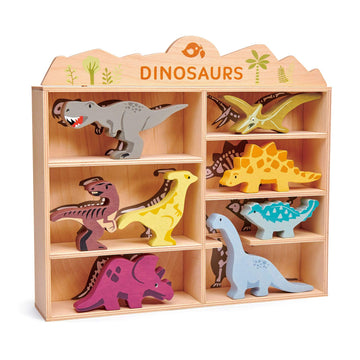 Tender Leaf Toys Dinosaur Animals - 8 Wooden Prehistoric Figurines with a Display Shelf - Classic Toy for Pretend Play - Develops Creative
