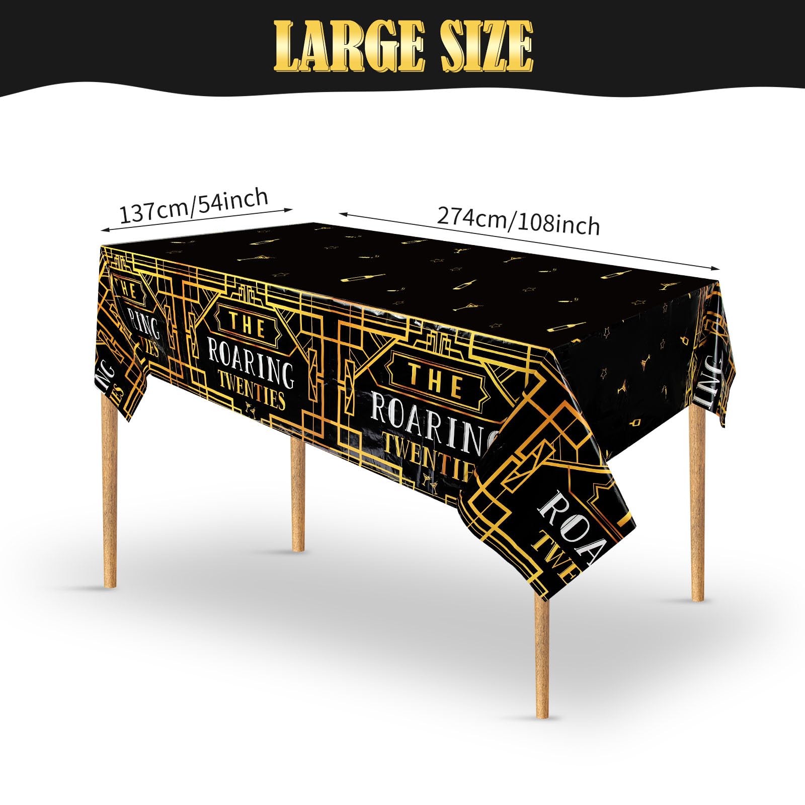 Roaring 1920s Party Plastic Tablecloths - Black & Gold Speakeasy Vintage Flapper Wedding Party Supplies (1 Pack Disposable Table Cover)