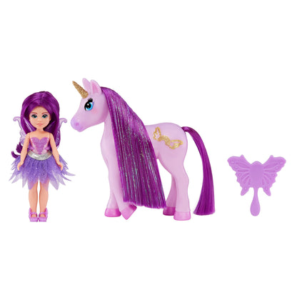 MGA Entertainment Dream Bella Color Change Surprise Little Fairies 5.5" Doll and Little Unicorn 2 Pack- Aubrey and Lavender,Purple Fairy and