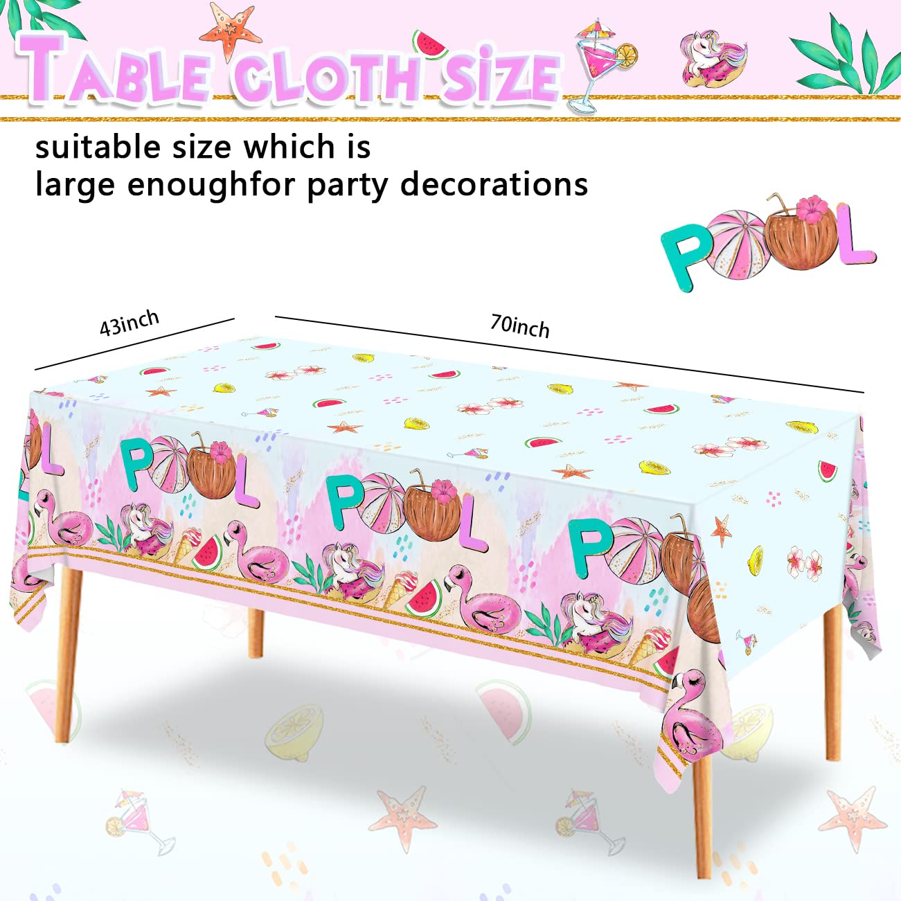 Zhynice Summer Pool Party Decorations Flamingos Unicorns Tablecloth Disposable Waterproof Plastic Pool Party Table Covers for Luau Hawaiian Summer