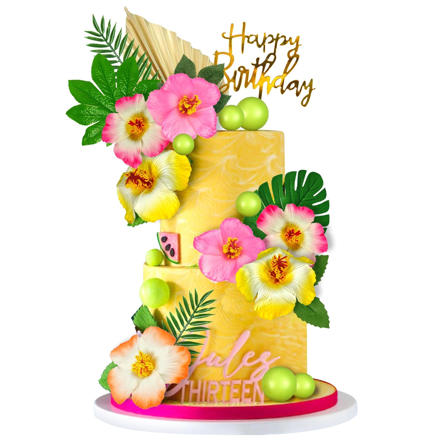 25 PCS Flower Cake Topper Hawaiian Cake Decorations with Palm Leaves Hibiscus Flowers Balls for Hawaii Aloha Jungle Summer Theme Wedding Birthday