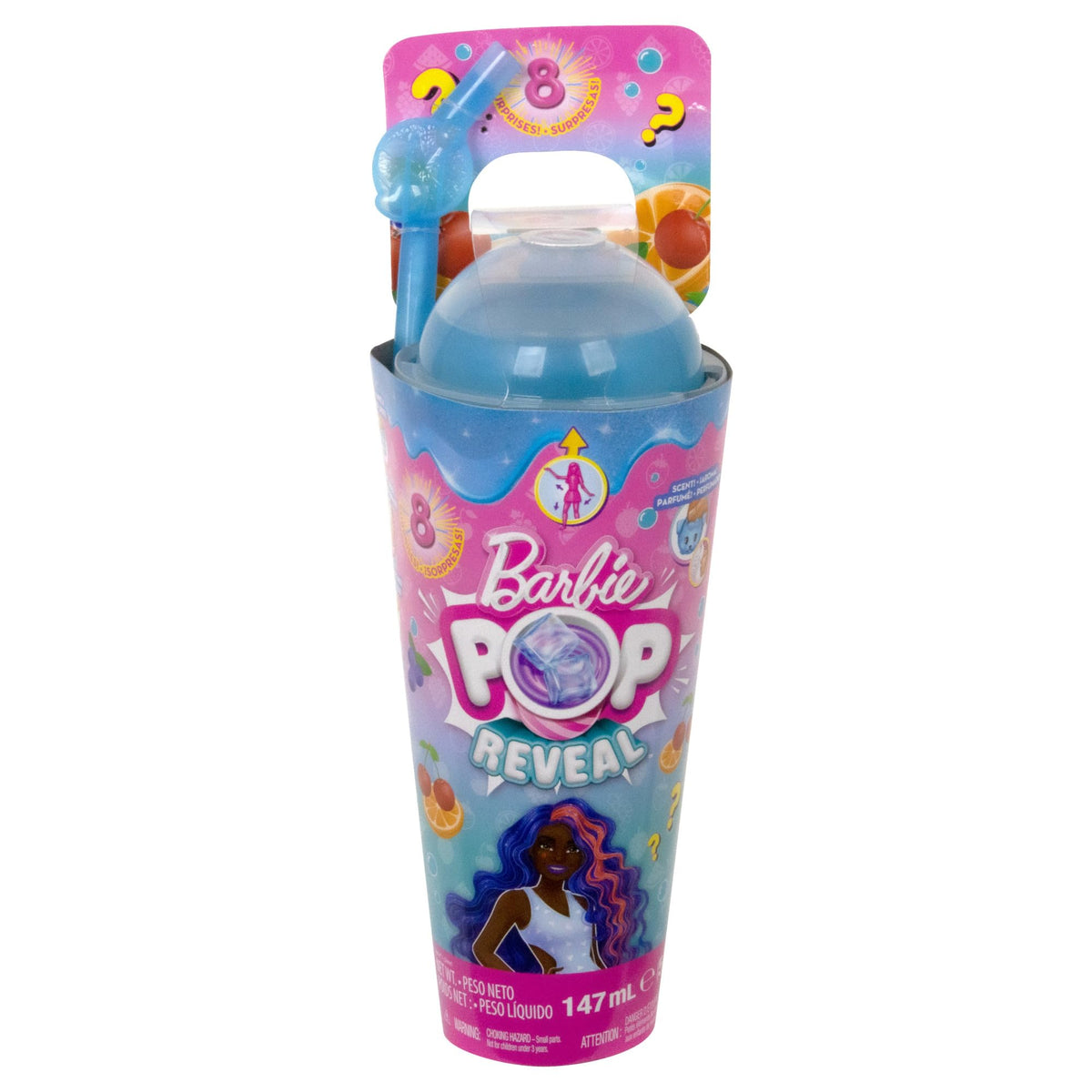 Barbie Pop Reveal Doll & Accessories, Fruit Punch Scent with Blue Hair, 8 Surprises Include Slime, Color Change & Puppy