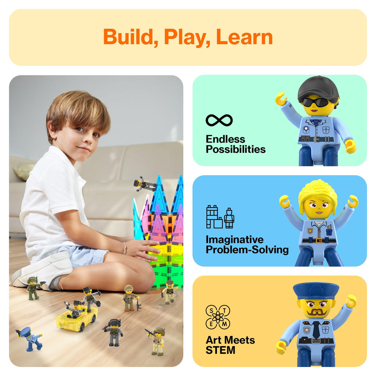 Picasso Toys Magnetic Action Figures Character Law Enforcement for Construction Building Block Tiles Toy Set Magnet Expansion Variety Pack Educational