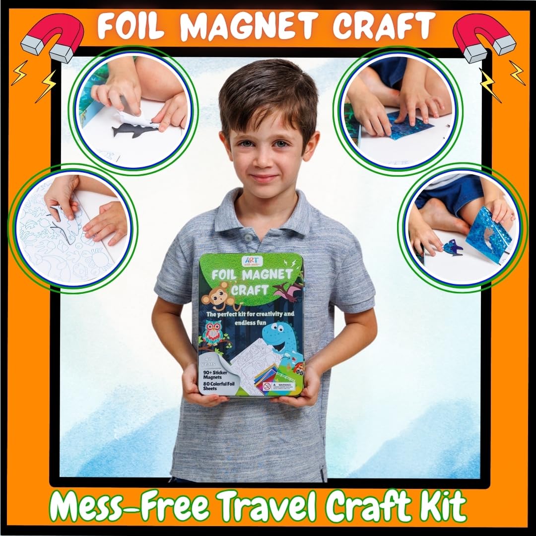 Foil Fun Art Kit for Kids in Tin Box - Reusable Animal Foil Art for Girls & Boys, DIY Mess-Free Girls Craft Kit w/Magnets, Ideal Travel Toy & in Car