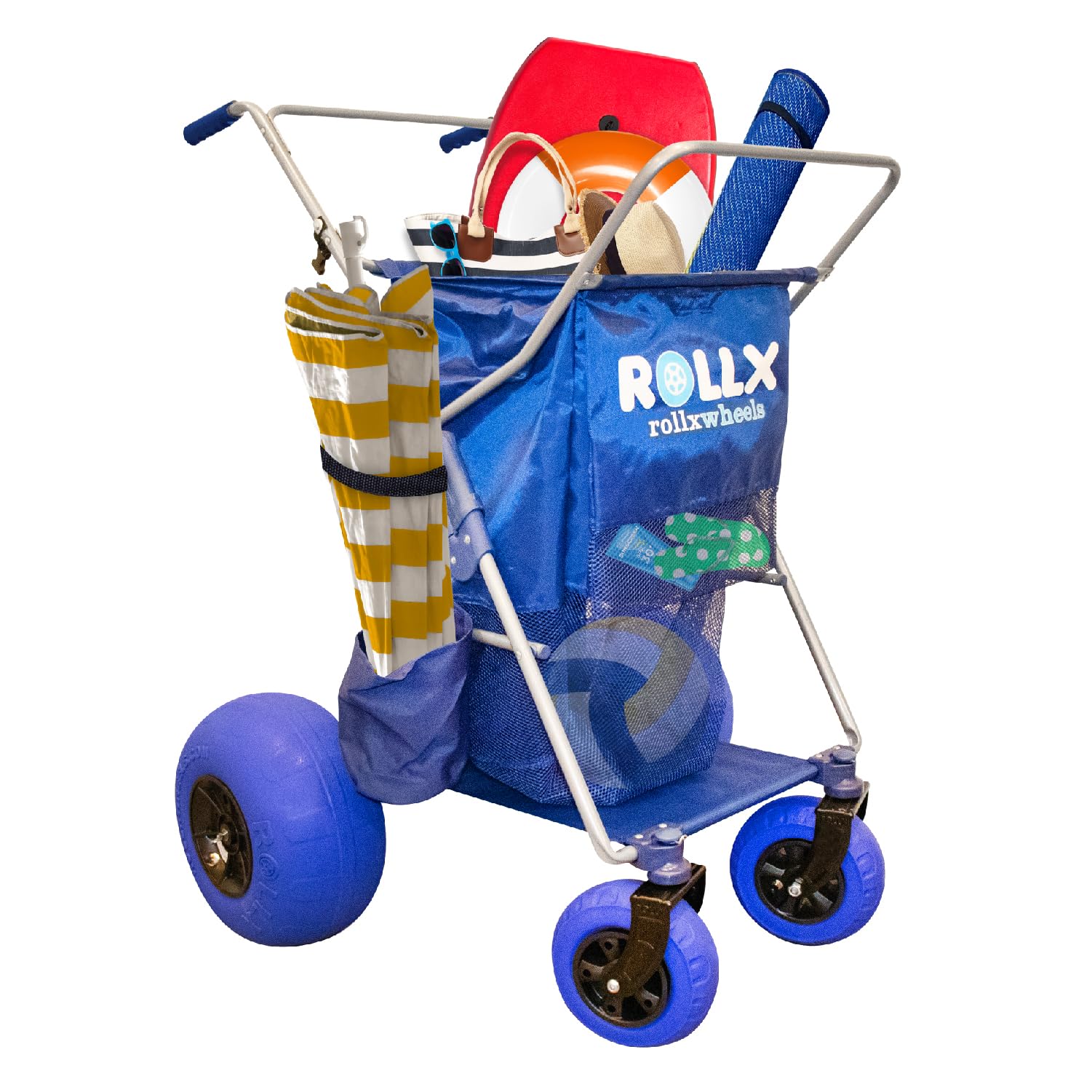 RollX Foldable Storage Wagon with 4 Balloon Wheels, Rear 13 Inch & Front 7 Inch Beach Tires (Pump Included) - Blue