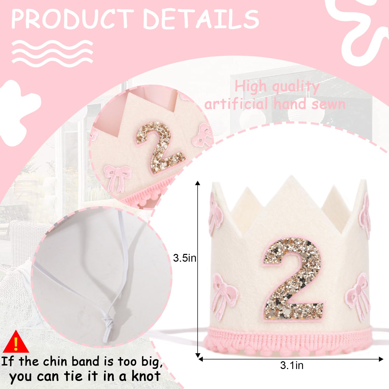 Pink Bow 2nd Crown,Bow 2nd Birthday Theme Crown,Girl Second Birthday Decor