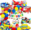 MOVINPE Transportation Birthday Decoration for Boys Happy Birthday Banner Cars School Bus Train Fire Truck Motorcycle Plane Foil Balloons Transport