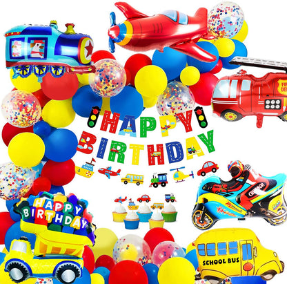 MOVINPE Transportation Birthday Decoration for Boys Happy Birthday Banner Cars School Bus Train Fire Truck Motorcycle Plane Foil Balloons Transport