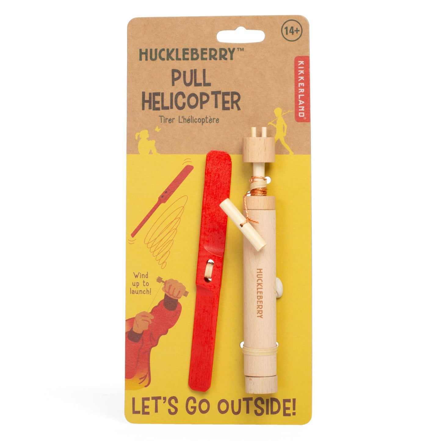 Kikkerland Huckleberry Pull Helicopter - Beechwood Flying Toy with Launcher for Outdoor Play