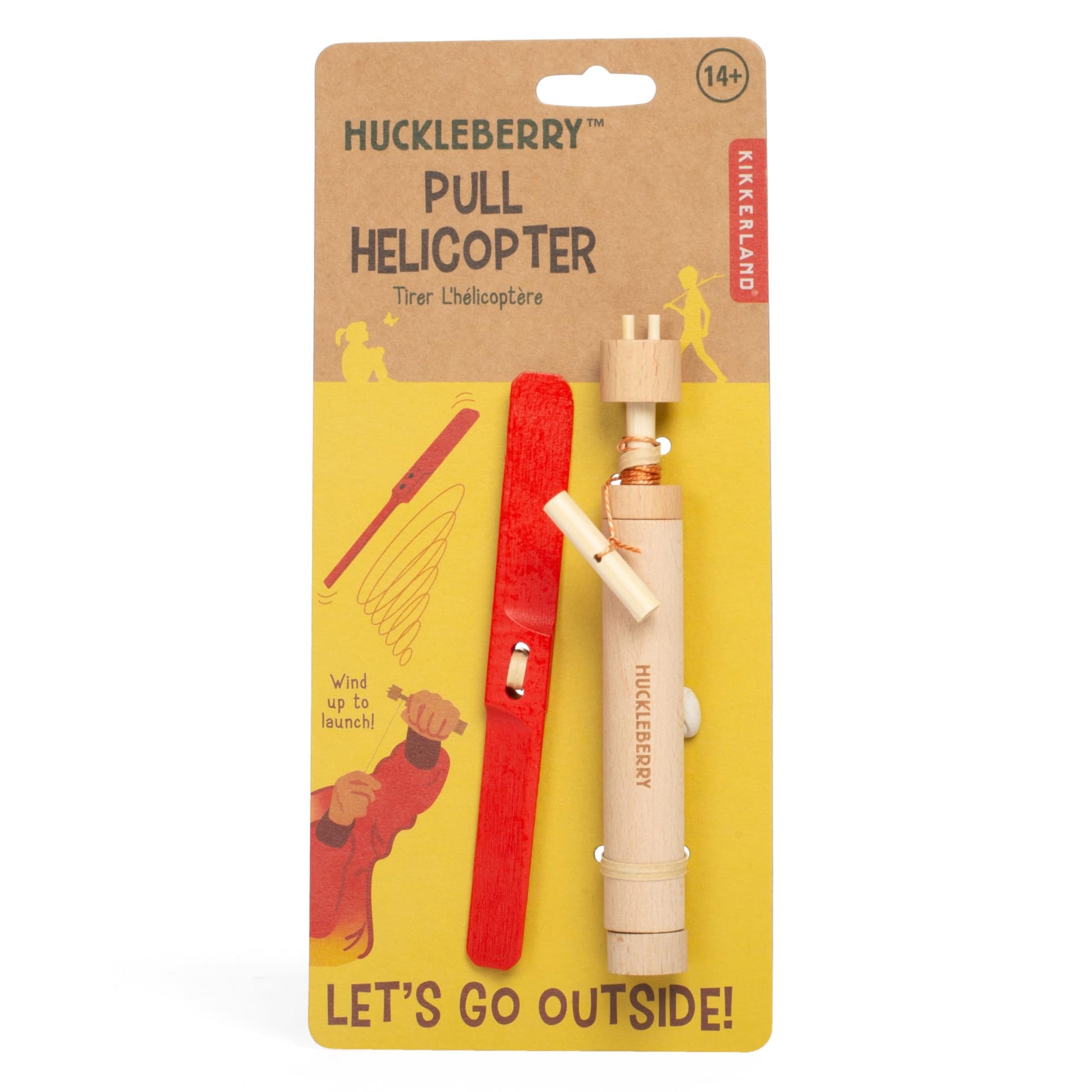 Kikkerland Huckleberry Pull Helicopter - Beechwood Flying Toy with Launcher for Outdoor Play