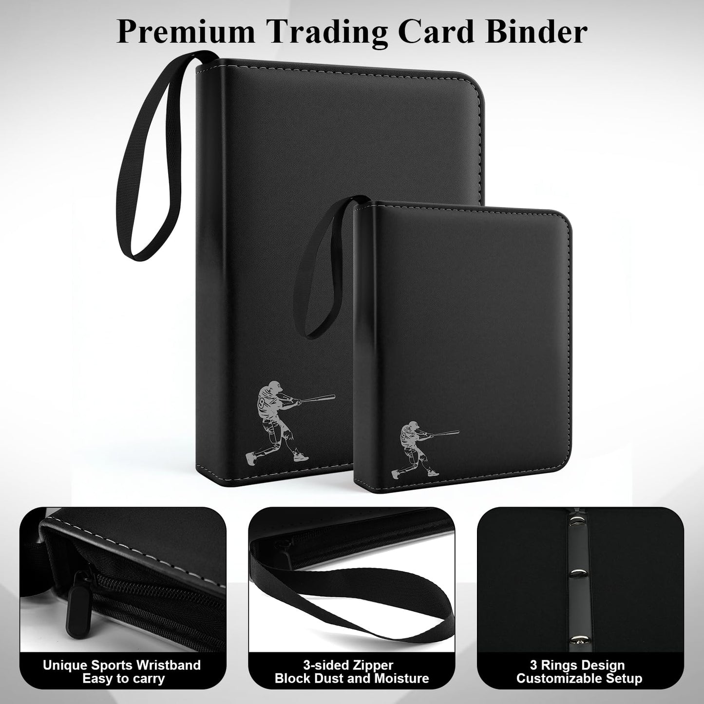 QULUXAO PU Leather Baseball Card Binder 4 Pocket,Holds 400 Cards Double Sided Black Card Binder,50 Removable Sleeves Baseball Cards Binder,3 Ring