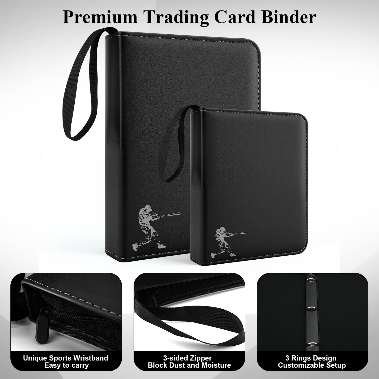 QULUXAO PU Leather Baseball Card Binder 4 Pocket,Holds 400 Cards Double Sided Black Card Binder,50 Removable Sleeves Baseball Cards Binder,3 Ring