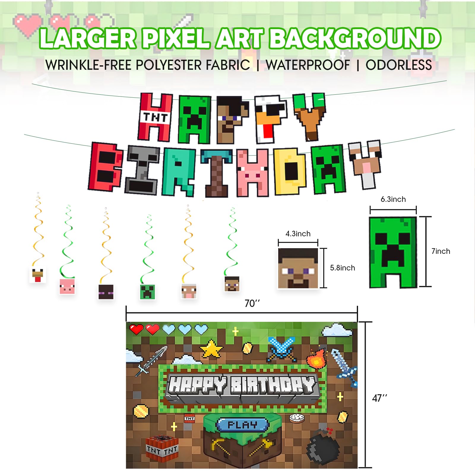 Pixel Game-Happy Birthday Banner- Includes Birthday Banner & Backdrop & Spiral Hanging supplies, Pixel party supplies Kit, Ideal for Game Theme