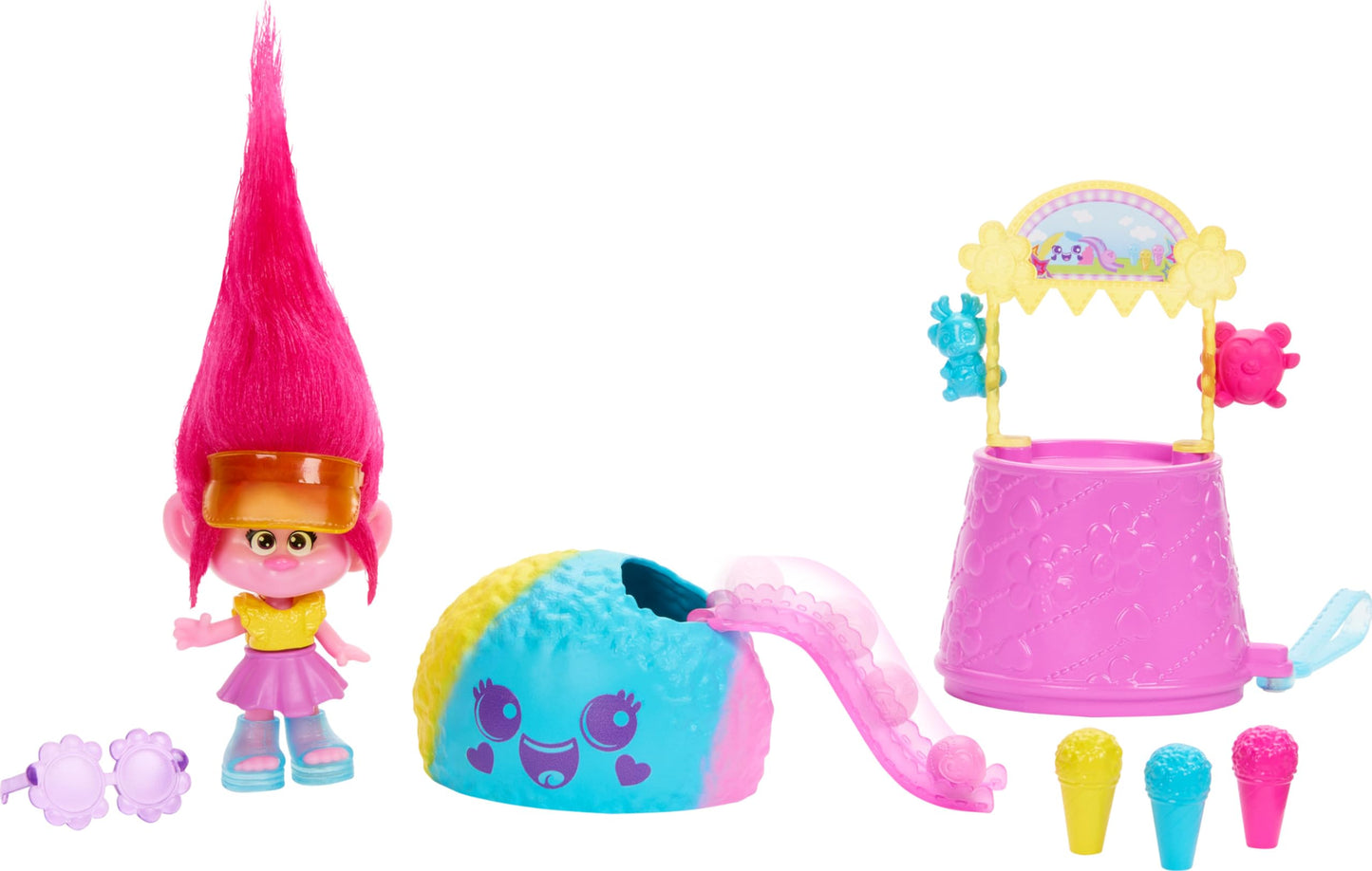 Mattel DreamWorks Trolls Fun Fair Surprise FairFest Small Doll & 10 Accessories, Carnival Food Popcorn Theme with Queen Poppy