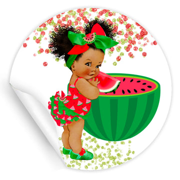 40 Watermelon Girl Favor Labels Stickers, African American Watermelon Baby Girl Shower Birthday Stickers