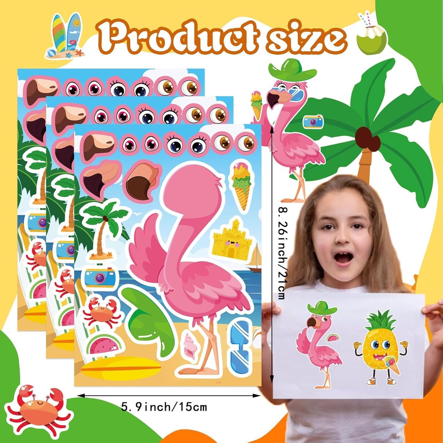 32 Sheets Summer Stickers for Kids, Make a Face Sticker Hawaii Tropical Pool Beach Stickers, Make Your Own Watermelon Pineapple Flamingo Sticker
