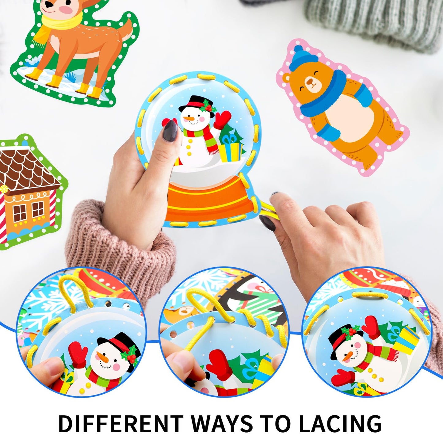 Winter Animal Lacing Cards For Kids 12 Packs Double Sided Sewing Kits Christmas Sewing Cards Educational & Learning Activities Fine Motor Skill