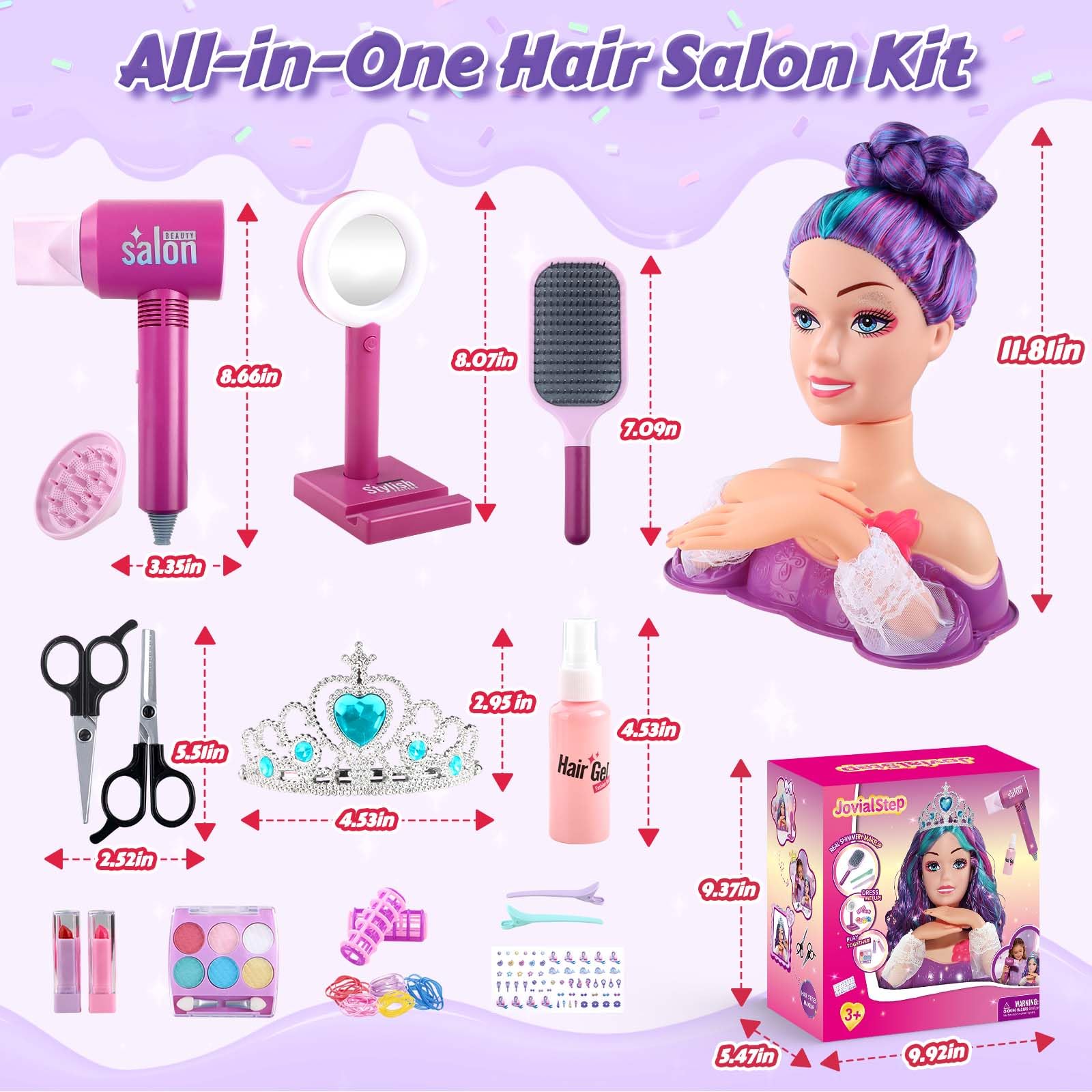 Princess Hair Styling Doll Head Makeup Kit for Girls- Purple & Teal Two-Tone Wavy Hair Salon Set with 20+ Accessories - Makeup & Braiding Playset