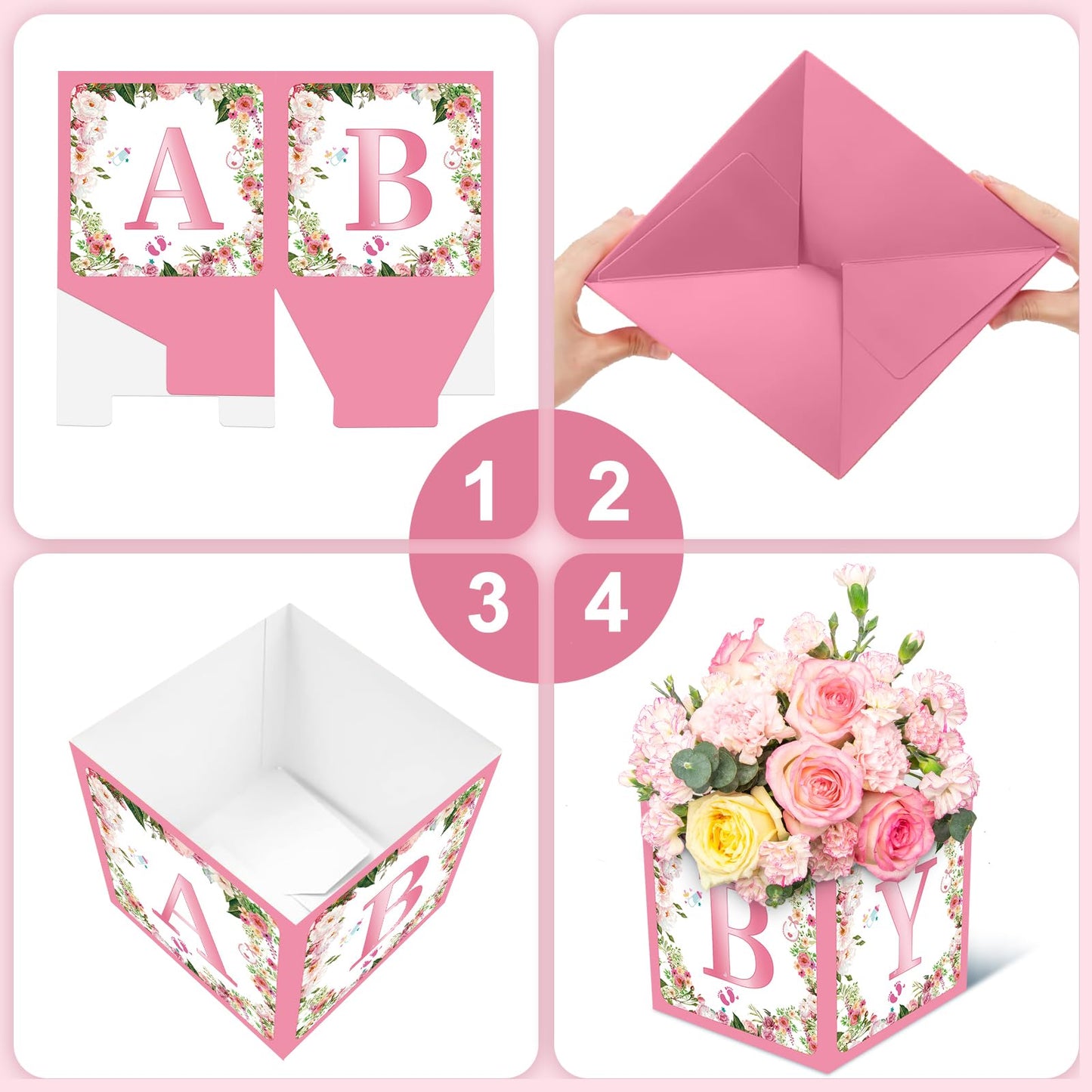 Jremreo 6 Pack 7x7x7 Inches Pink Floral Baby Shower Centerpiece Boxes with 'BABY' Letters, Perfect for Girl Baby Shower, Gender Reveal Party Favors