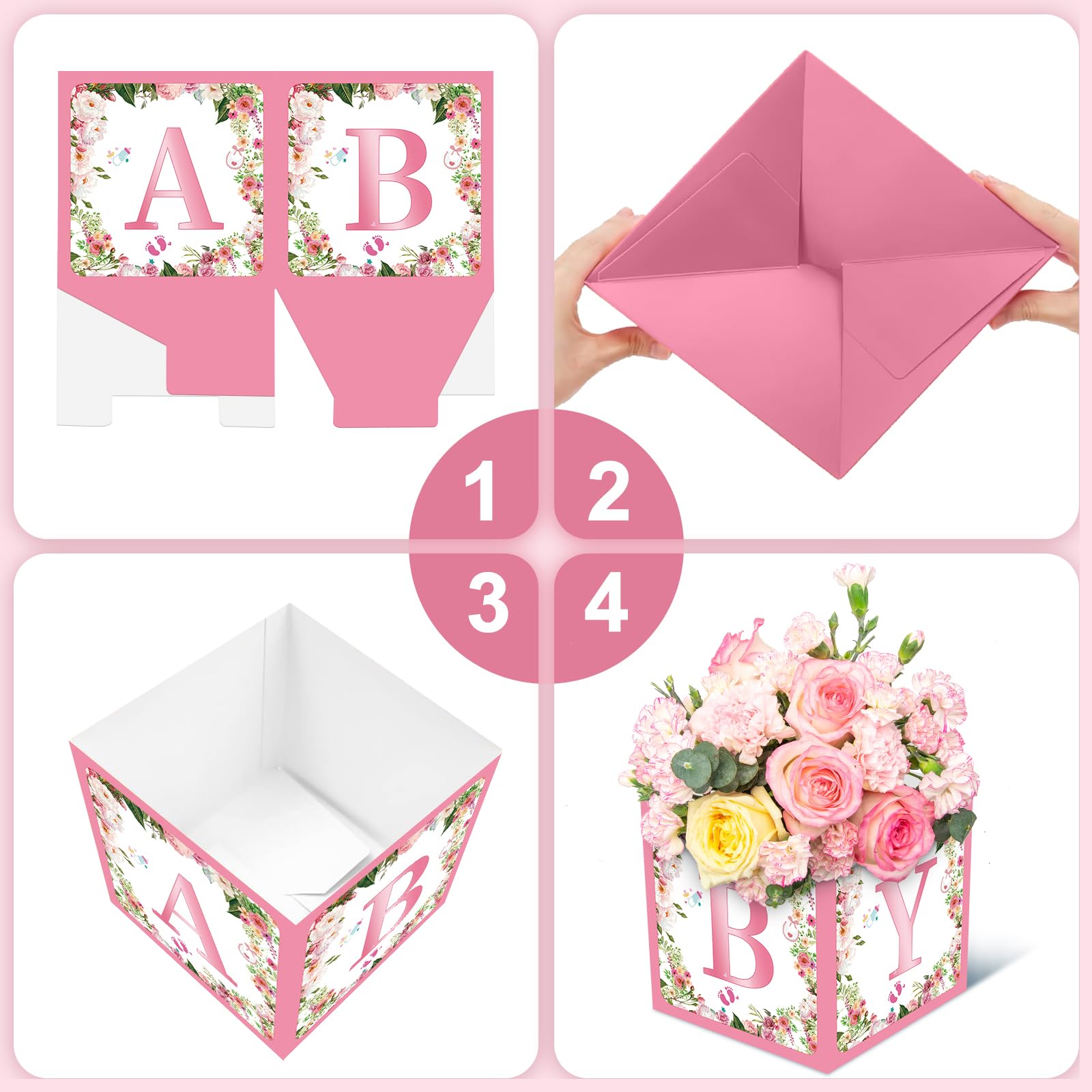 Jremreo 6 Pack 7x7x7 Inches Pink Floral Baby Shower Centerpiece Boxes with 'BABY' Letters, Perfect for Girl Baby Shower, Gender Reveal Party Favors