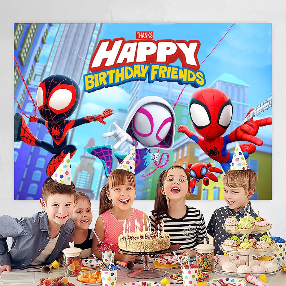Spider and His Friends Birthday Decorations,Spider and His Friends Happy Birthday Banner Backdrop for Kids Birthday Party Supplies (5x3ft)