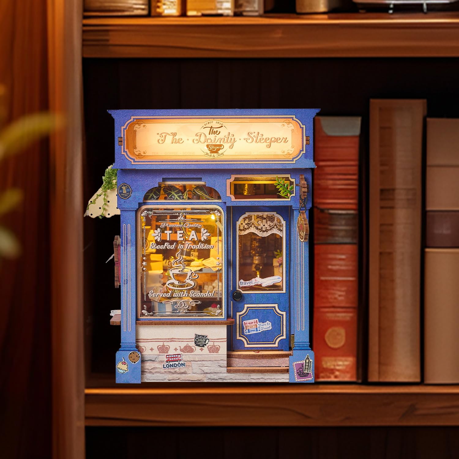 Book Nook Kit - DIY Miniature British Tea House, 3D Wooden Puzzle Dollhouse with LED Lights, Tiny Bookend & Creative Bookshelf Decor, Birthday