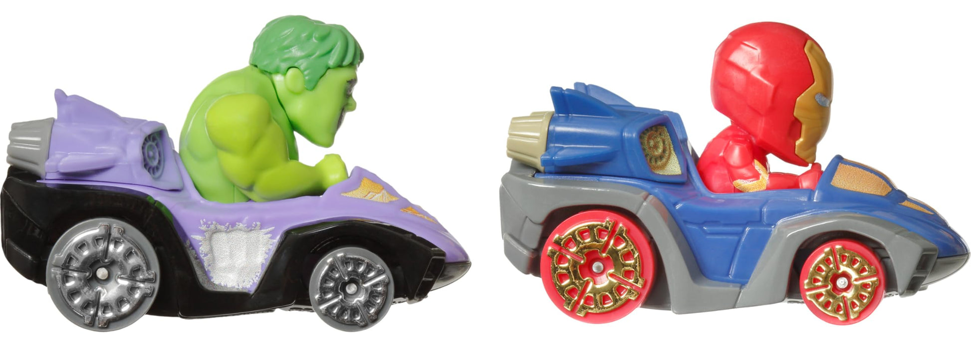 Hot Wheels RacerVerse Toy Cars 2-Pack Set of 2 Die-Cast Vehicles with Non-Removable Drivers of Their Own Cars: Hulk & Iron Man, Optimized for Track