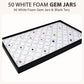 RJ Displays 50 White Foam Gem Jars with Tray, Gemstone Display Case with Lids for Gems, Coins, Gem Storage Organizer, Gem Holder, Charm Box, Gem