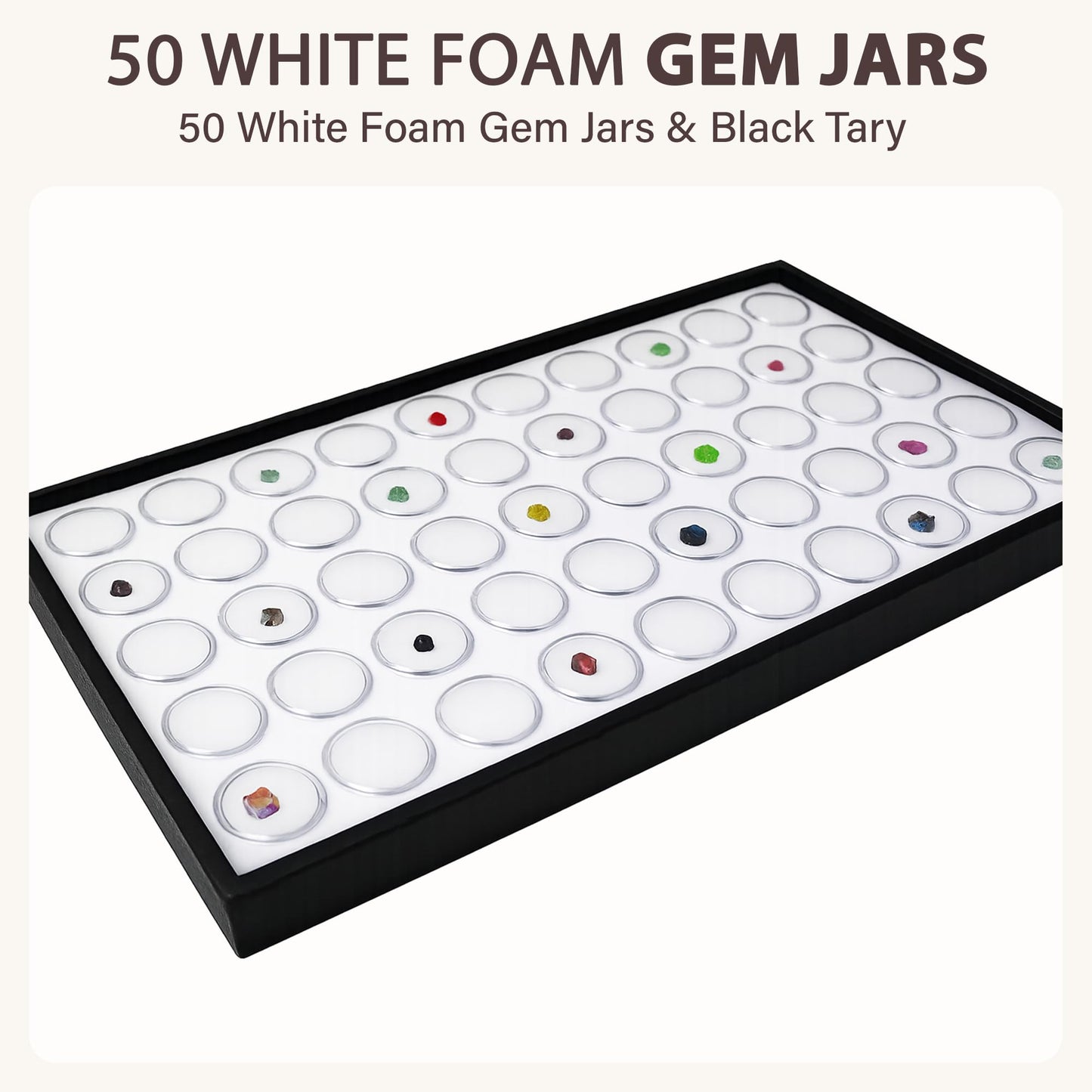 RJ Displays 50 White Foam Gem Jars with Tray, Gemstone Display Case with Lids for Gems, Coins, Gem Storage Organizer, Gem Holder, Charm Box, Gem
