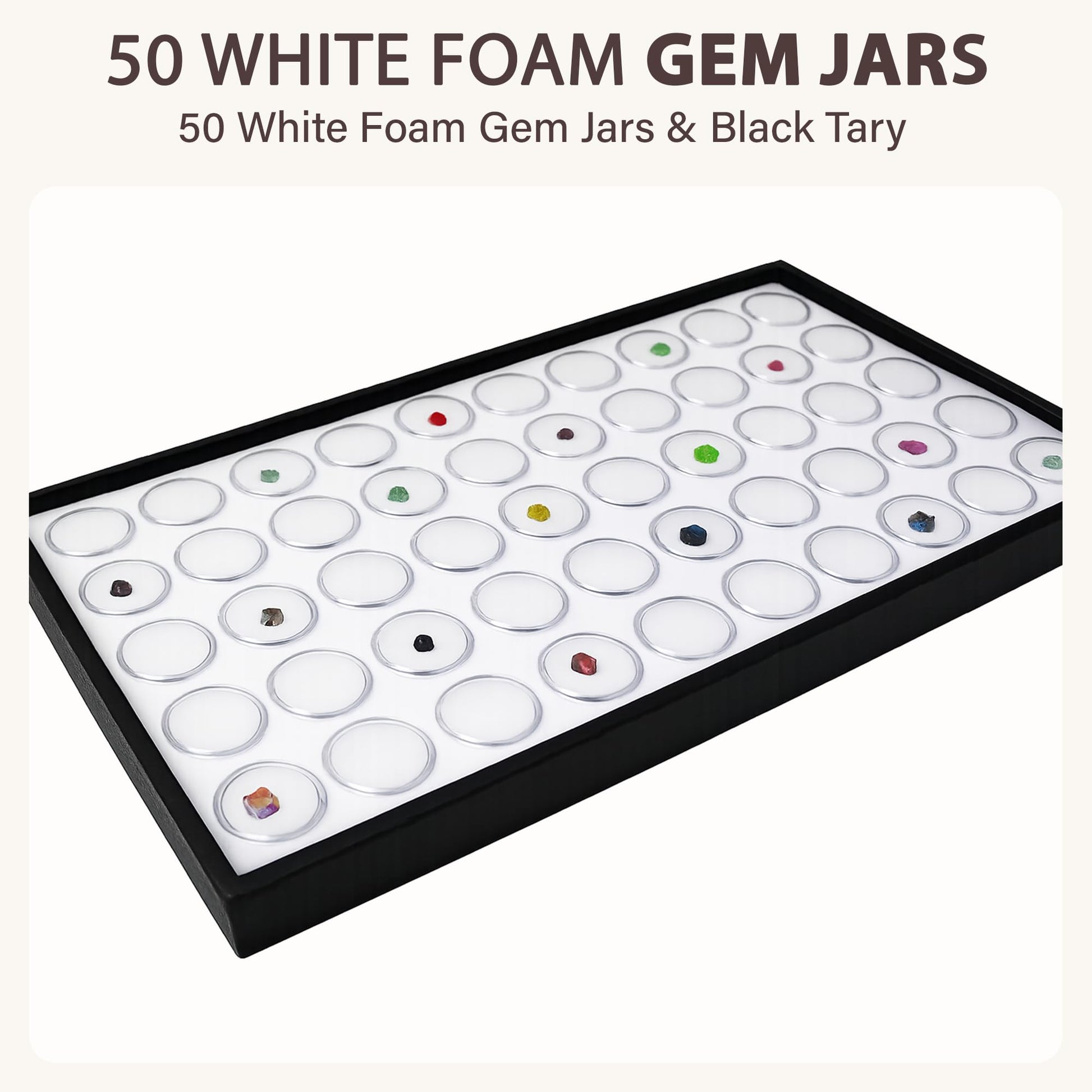 RJ Displays 50 White Foam Gem Jars with Tray, Gemstone Display Case with Lids for Gems, Coins, Gem Storage Organizer, Gem Holder, Charm Box, Gem