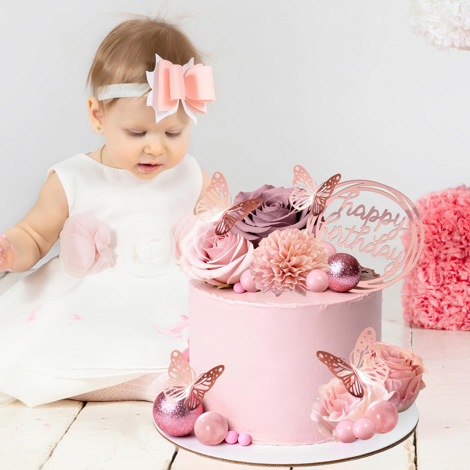 Flower Cake Toppers, Happy Birthday Rose Gold Cake Decorations with Artificial Flowers Butterfly Balls for Wedding Baby Shower Birthday Party Supplies