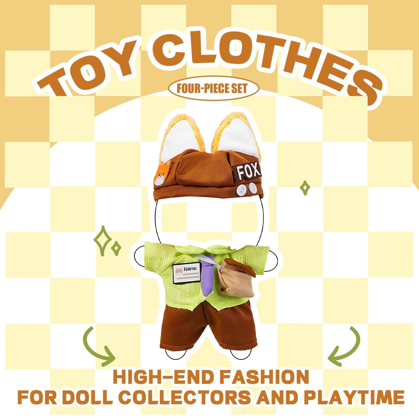 3PCS Fox Character Doll Costume Set Green Shirt and Tie Outfit for 15-17cm 4 Inch Blind Box Animal Dolls