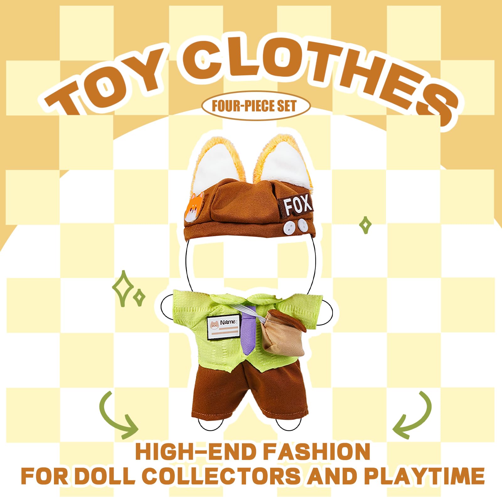 3PCS Fox Character Doll Costume Set Green Shirt and Tie Outfit for 15-17cm 4 Inch Blind Box Animal Dolls