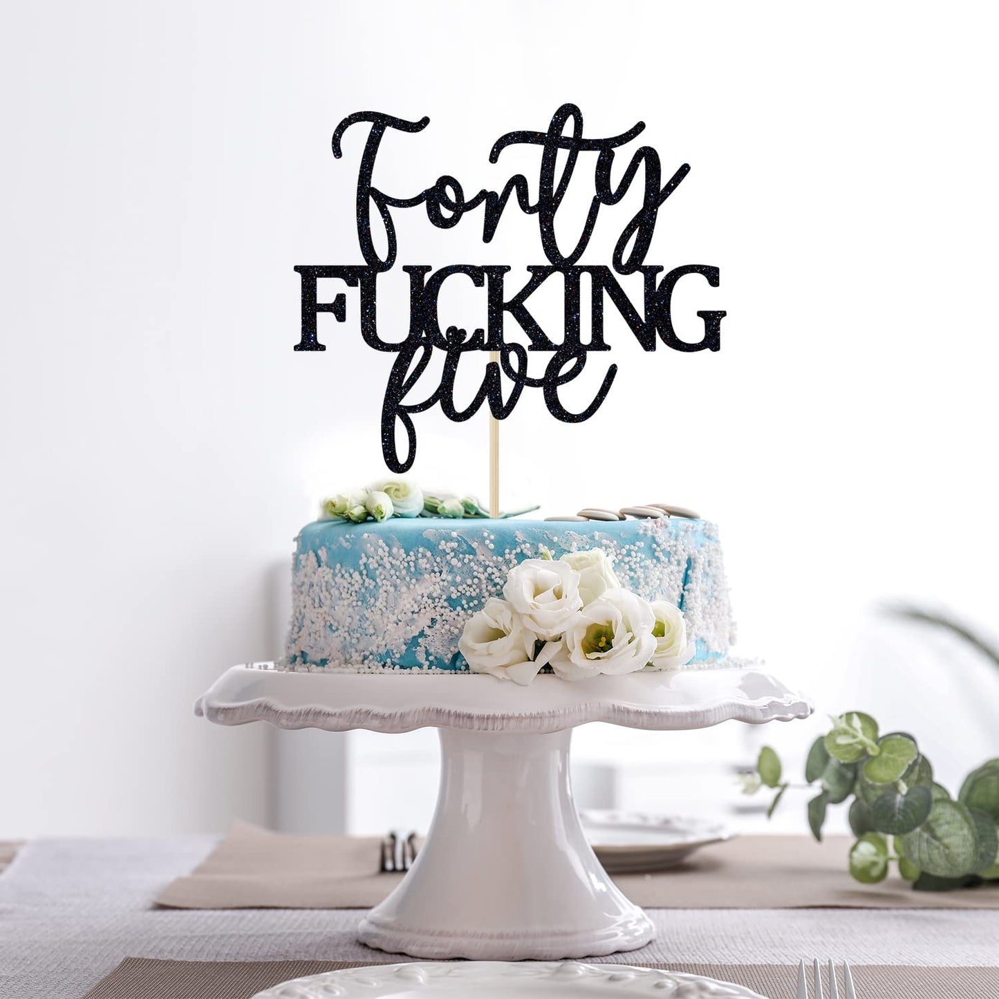 Unoggsor Forty Fucking Five Cake Topper - Happy 45th Birthday Cake Decor - Cheers to 45 Years Birthday Party Decorations Supplies, Black Glitter