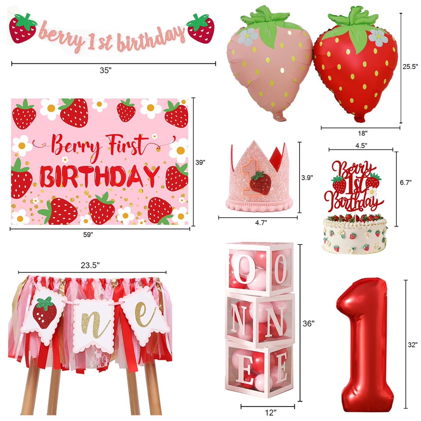 Berry Baby Girl 1st Birthday Decor, Strawberry First Birthday Decorations for Girls with Balloon Arch, Party Backdrop, High Chair Banner, Crown, Photo