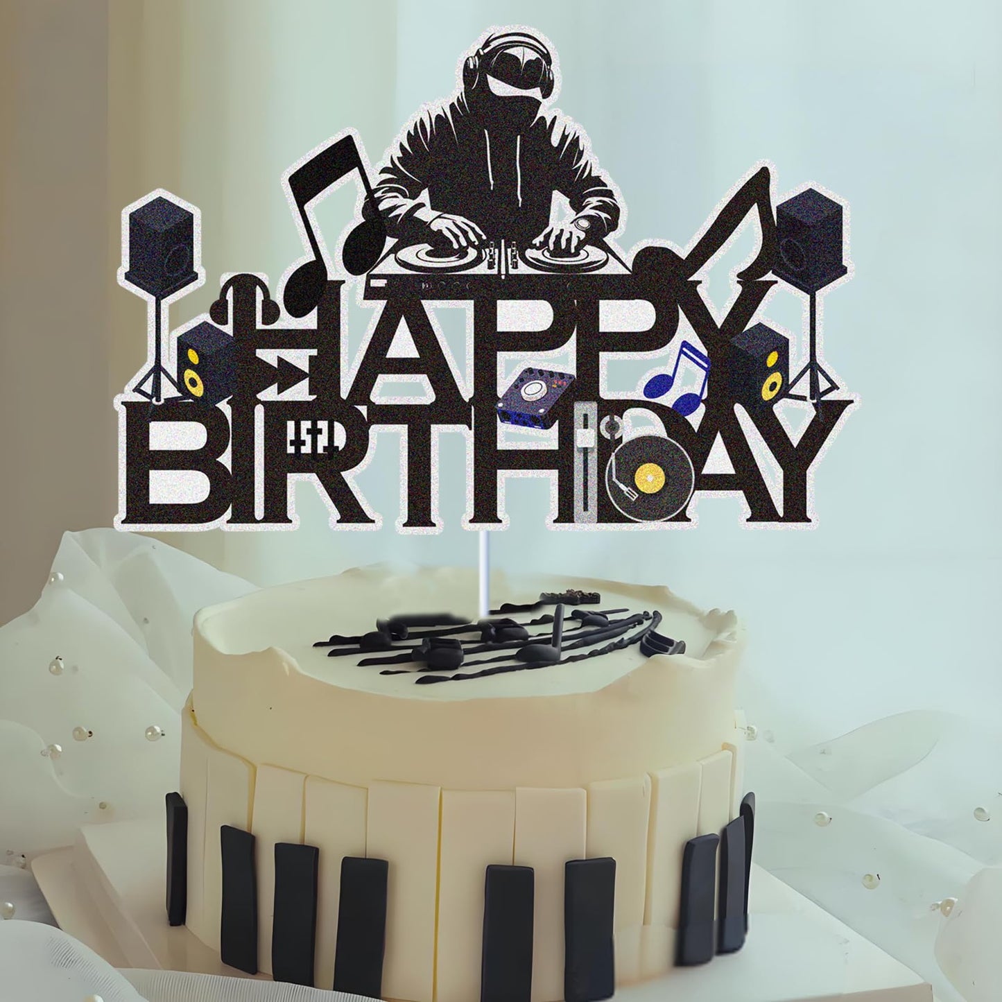 Dj Disco Happy Birthday Cake Topper Music Rock Disco Hip Hop Black Glitter Cake Decoration Carnival party Dj Disco Unisex adult Theme Birthday Party
