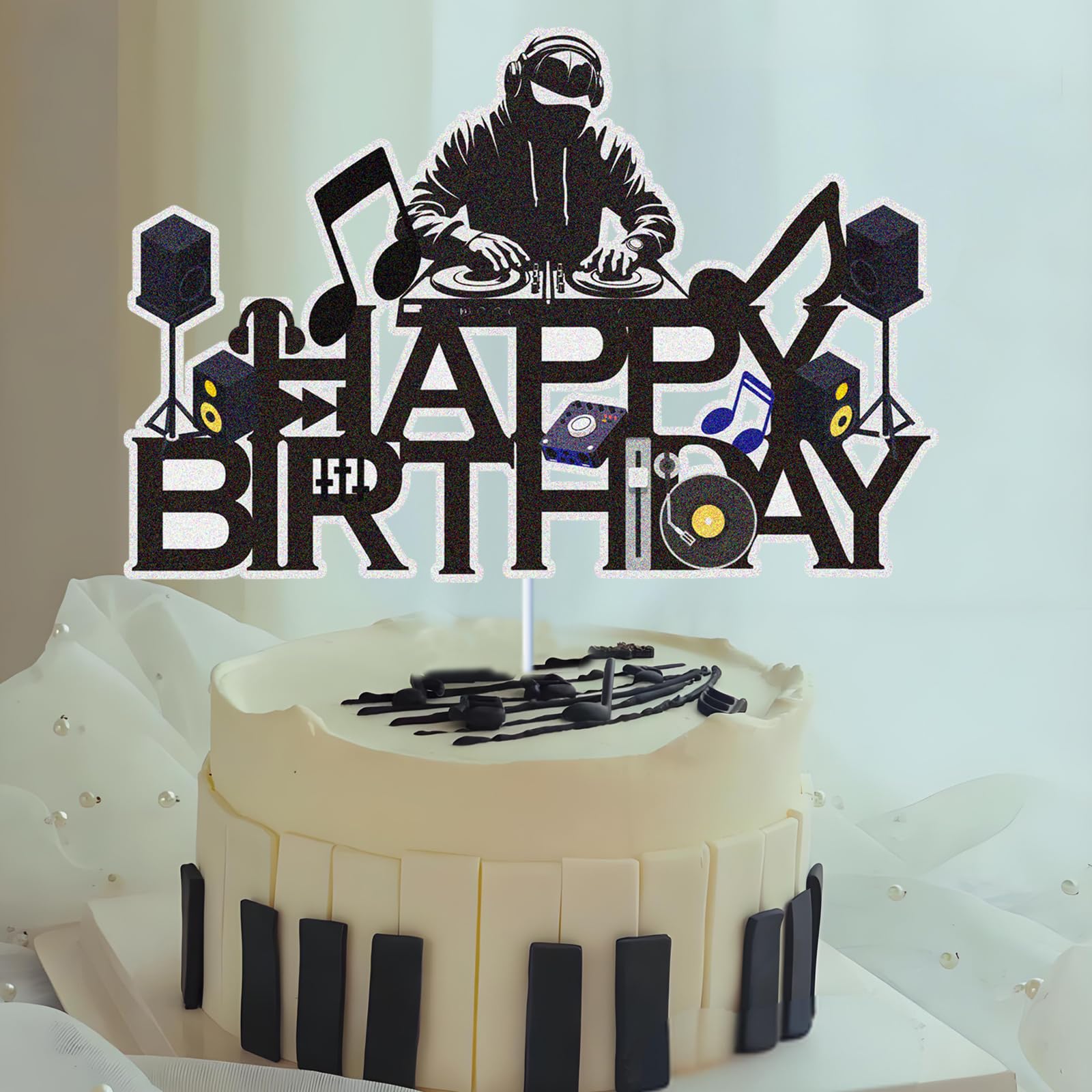 Dj Disco Happy Birthday Cake Topper Music Rock Disco Hip Hop Black Glitter Cake Decoration Carnival party Dj Disco Unisex adult Theme Birthday Party