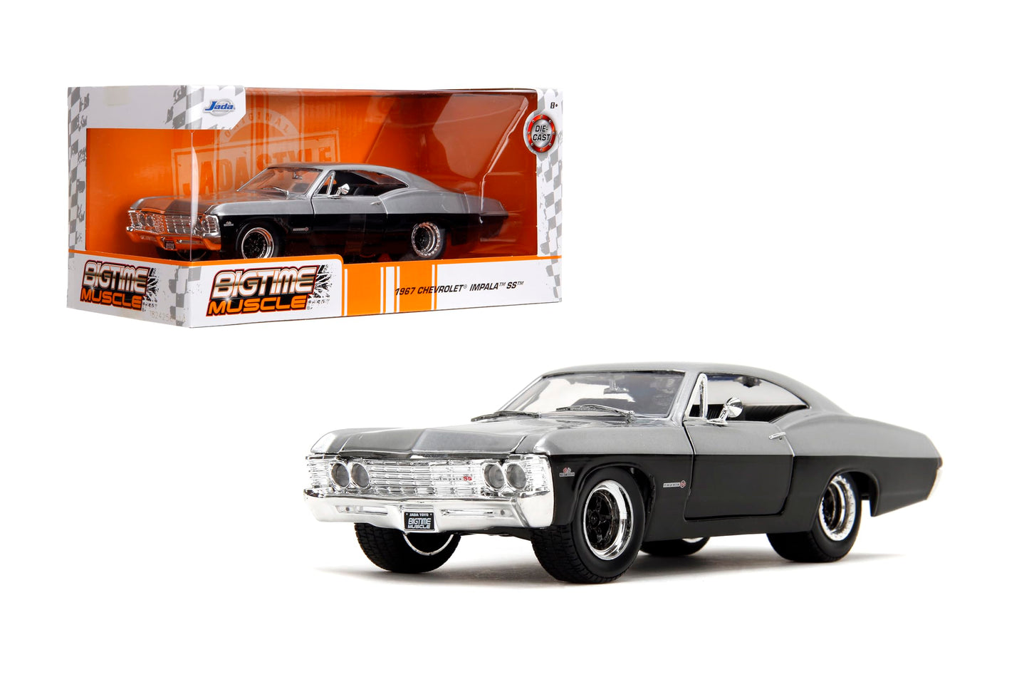 Jada Toys Bigtime Muscle 1:24 1967 Chevrolet Impala SS - Opening Doors, Hood, Trunk, Rubber Tires(Candy Silver/Black)