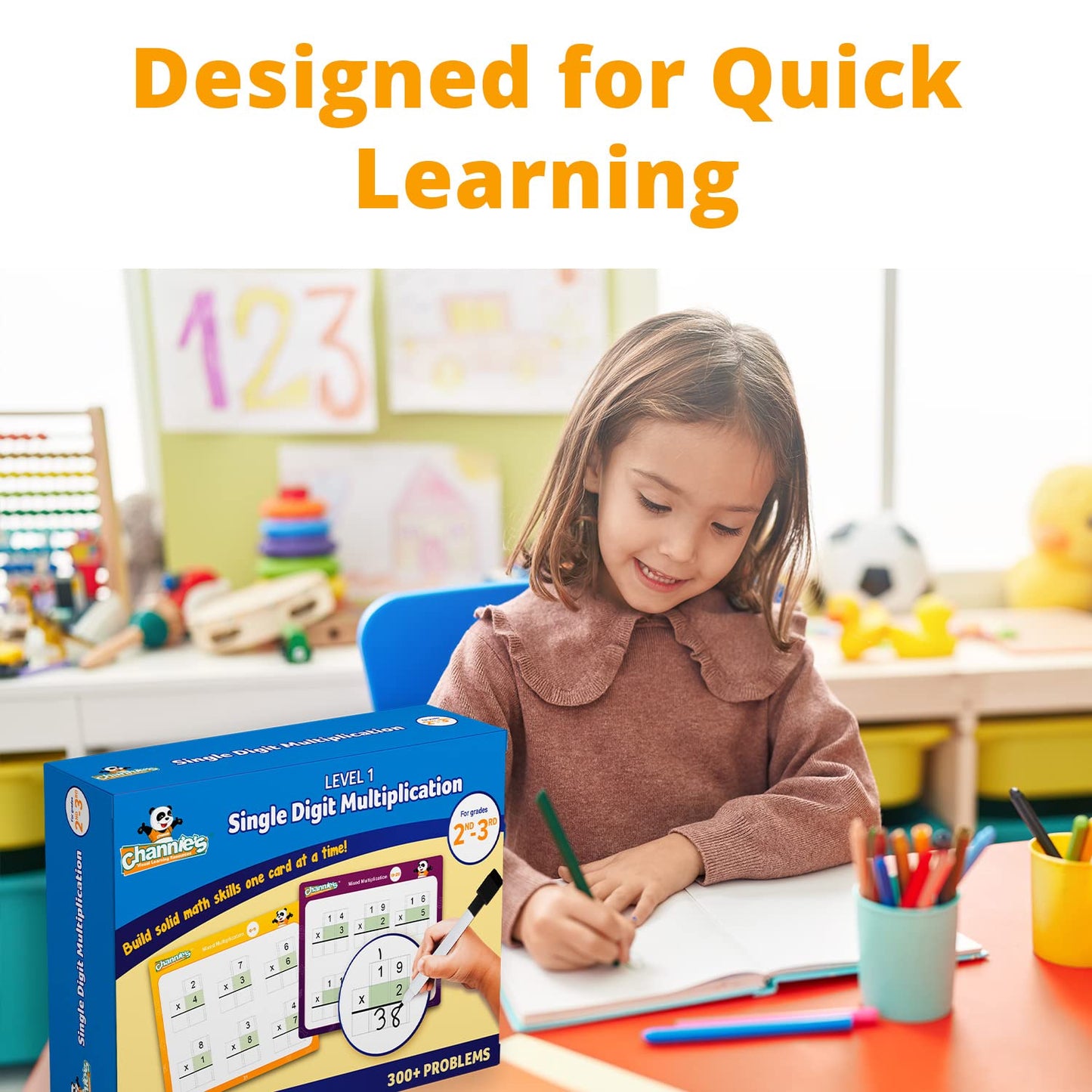 Channie’s Single Digit Multiplication Flashcards, 30 Double-Sided Dry Erase 2nd - 3rd Grade Multiplication Flash Cards, Easy-to-Use Level 1